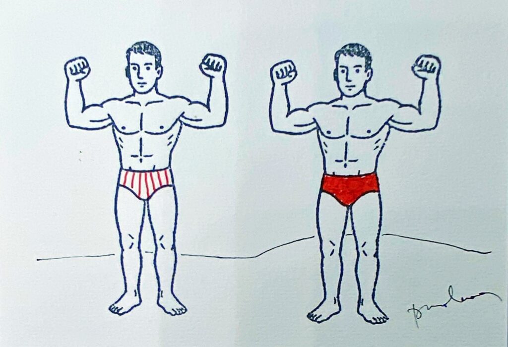 2 beaux nageurs, un en slip rayé de rouge l’autre en slip rouge