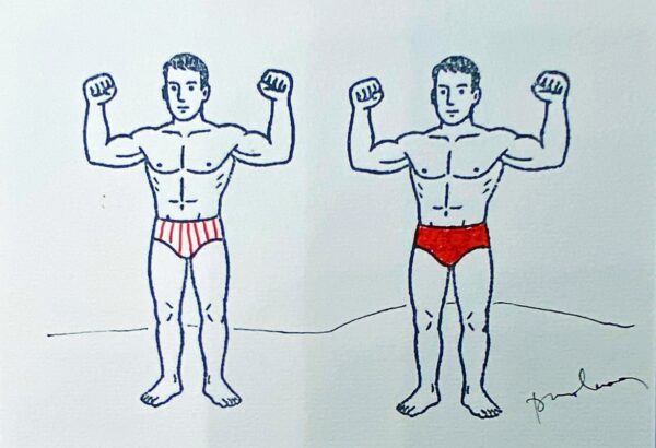 2 beaux nageurs, un en slip rayé de rouge l'autre en slip rouge
