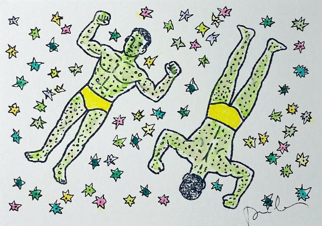2 Beaux Nageurs recto verso sur fond d’étoiles multicolores